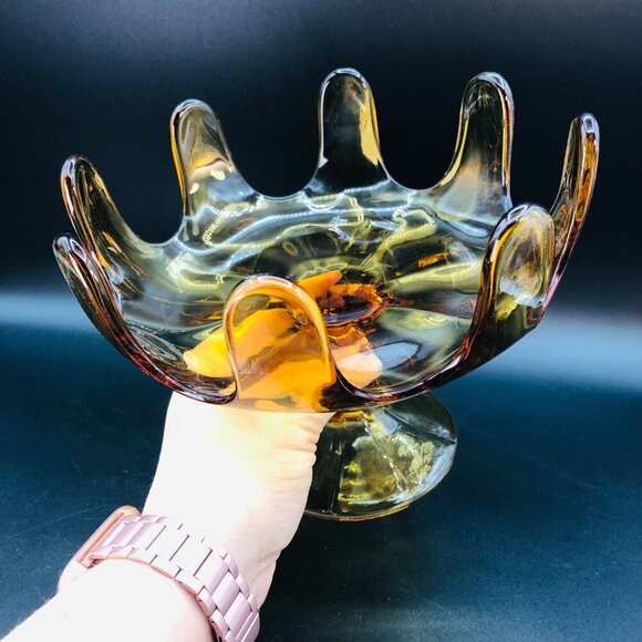 Mid Century Amber Art Glass Pedestal Compote 8 petals Vintage Bowl Centerpiece - Picture 8 of 10